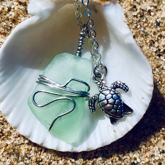 Hand Crafted Jewelry - Seafoam Sea Turtle Necklace